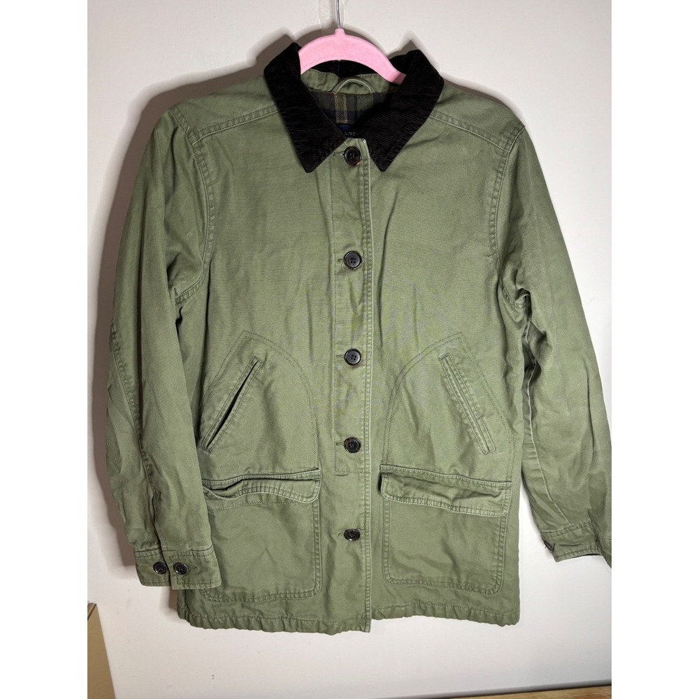 Lands' End Women's Olive Green Canvas Barn Jacket Corduroy Collar Plaid Lined Sm - Picture 1 of 8